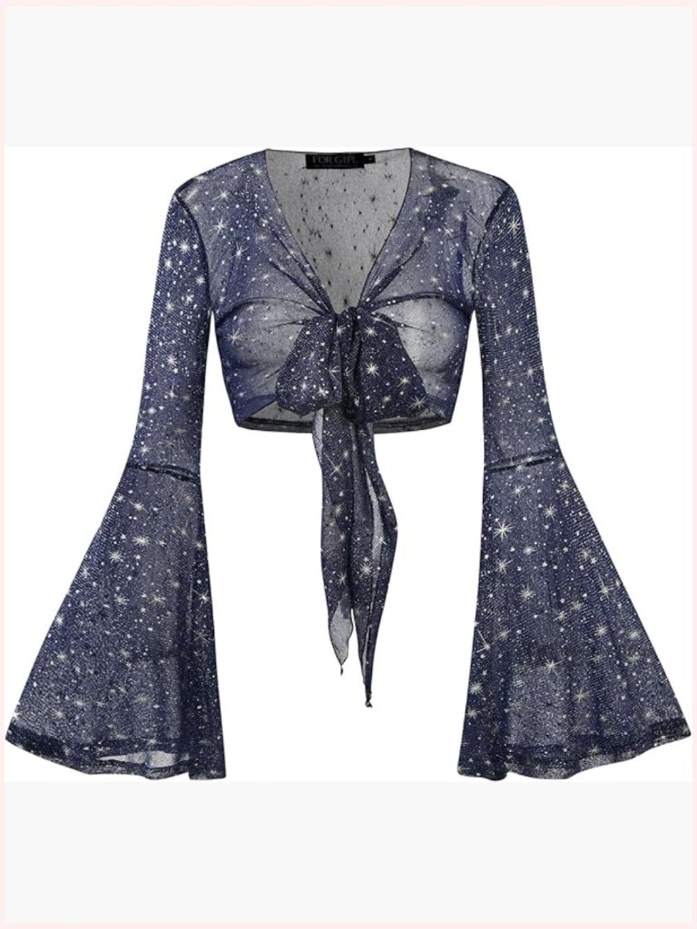 Women Tie Front Bell Sleeve Rave Crop Top Floral Print Mesh Sheer Shirt - Picture 1 of 7